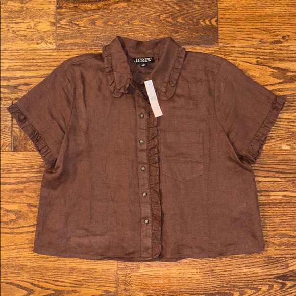 J. Crew Ruffle-trim Button-Up Shirt in Linen Roasted Cocoa XSmall - Picture 2 of 6